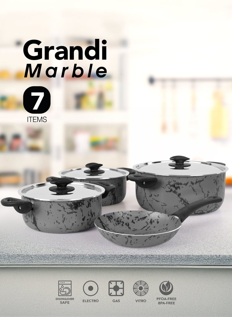 جراندي طقم قدور و مقلايه مطلية بالجرانيت بأسطح مانعة للالتصاق ومقابض باكليت  وأغطية من الستانلس ستيل المقوى وخالية من حمض بيرفلورو الأوكتانويك من 7 قطع رمادي ماريل   16+20+26+20 cm - Image 1